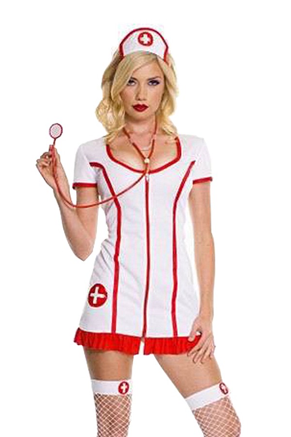 Uniform Costumes Short Sleeve White and Red Fitted Nurse Dress - Click Image to Close